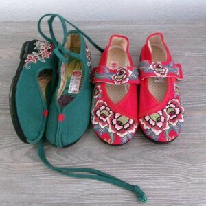 Lot 2 Pair Asian Embroidered Shoes Green Red Mary Jane and Ankle Tie 5.5 / 6